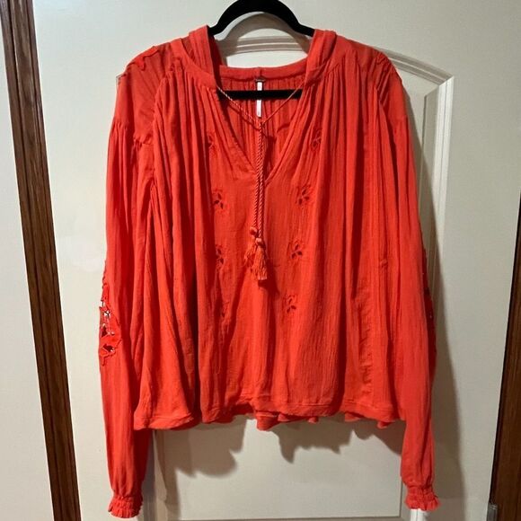 FREE PEOPLE Hooded Top Eyelet Embroidered Cotton Gauze Orange/Red Women’s Medium - Picture 4 of 9
